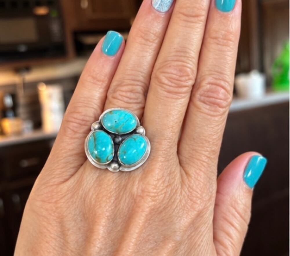 Number Eight mined Turquoise 3 Stone Ring set in Sterling Silver| Western Style